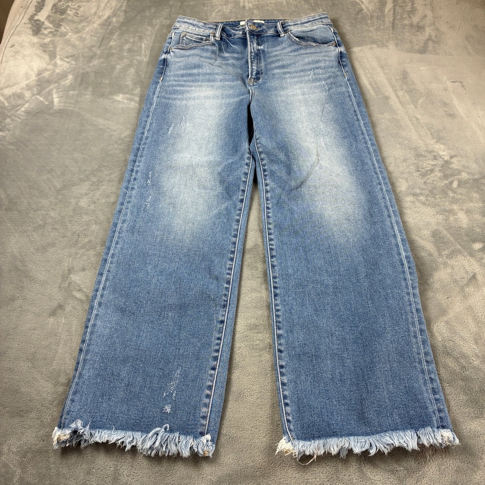 Risen Jeans Womens 13/31 High Rise Wide Leg Frayed Hem Distressed Denim Blue